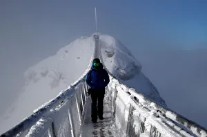 A snowboarder walks on the Peak Walk bridge at Glacier 3000 in Les Diablerets A snowboarder walks on the Peak Walk bridge at Glacier 3000 in Les Diablerets