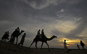 Tourists ride camels as they are silhouetted against the setting sun over the Thar Tourists ride camels as they are silhouetted against the setting sun over the Thar