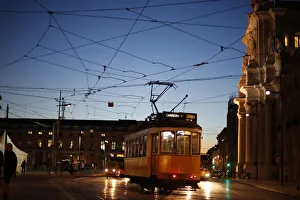 A tram arrives at Praca do Comercio square in downtown Lisbon A tram arrives at Praca do Comercio square in downtown Lisbon