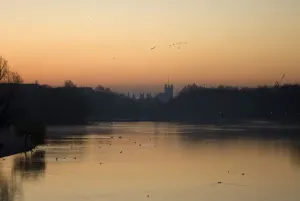 Prints of A view of the Houses of Parliament at sunrise from the Serpentine lake in Hyde Park, London March 19, 2012. London will host the Olympic Games this summer from July 27 to August 12, 2012 Sport Prints: Print of the Houses of Parliament at sunrise from Hyde Park lake