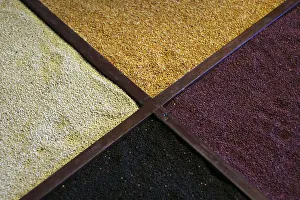 A variety of Andean Quinoa grains cultivated at high altitudes are displayed in a A variety of Andean Quinoa grains cultivated at high altitudes are displayed in a
