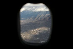The view from a passenger window onboard a Delta airlines flight as it lands in Salt Lake The view from a passenger window onboard a Delta airlines flight as it lands in Salt Lake