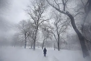 A woman walks down a road in blizzard conditions in Chicago A woman walks down a road in blizzard conditions in Chicago