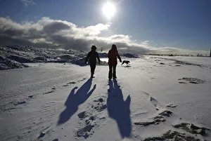 Two women walk their dogs along a frozen snow covered beach in Chicago Two women walk their dogs along a frozen snow covered beach in Chicago
