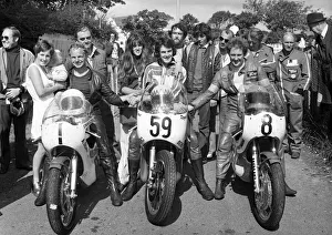 Ricky Burrows, Roger Cope and winner Alan Jackson (Yamaha) 1975 Lightweight Manx Grand Prix Ricky Burrows, Roger Cope and winner Alan Jackson (Yamaha) 1975 Lightweight Manx Grand Prix