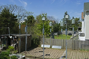 Purple Martin boxes in backyard in Cape May New Jersey USA Purple Martin boxes in backyard in Cape May New Jersey USA