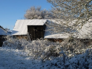 English Countryside Winter Scene Prints: Snow covered barn, Devon, England, winter
