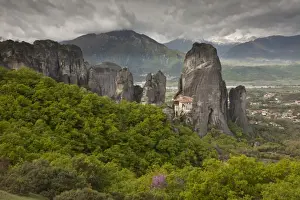 Meteora UNESCO Site Prints: View of ancient monastery, on conglomerate pinnacles and cliffs