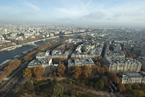 City Of Light Views Prints: View over city and river, viewed from Eiffel Tower, River Seine, Paris, France, November