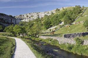 Yorkshire Countryside Views Prints: View of path beside stream, drystone walls