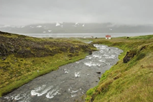 Westfjords Iceland Landscape Prints: View of river and coastline with low cloud, Hornstrandir, Westfjords, Iceland, July