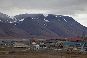 Spitsbergen Scenery Prints: View of town with mountains in background