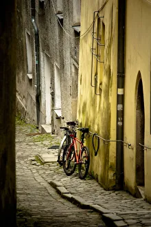 2 bicycles on cobblestone street, Passau, Germany 2 bicycles on cobblestone street, Passau, Germany