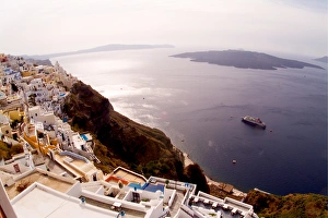 Aerial View of Beautiful Fira and Cruise Ship in Santorini Greece Aerial View of Beautiful Fira and Cruise Ship in Santorini Greece