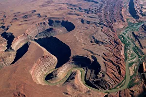Aerial view of the San Juan River cutting through Raplee Anticline west of the town of Bluff Aerial view of the San Juan River cutting through Raplee Anticline west of the town of Bluff