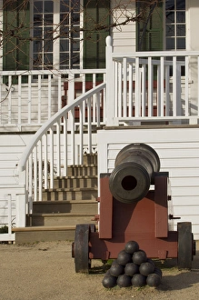 An antique cannon sits outside of the entrance to the officers quarters at Fort Vancouver An antique cannon sits outside of the entrance to the officers quarters at Fort Vancouver