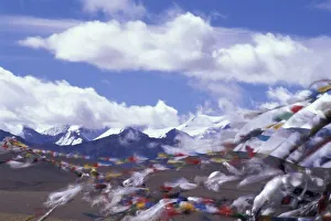 Asia, China, Tibet, Tangla Pass. Prayer flags, the Himalayas behind Asia, China, Tibet, Tangla Pass. Prayer flags, the Himalayas behind