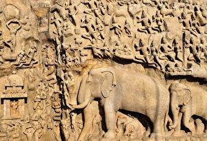 Asia, India, Tamil Nadu, Mahabalipuram. The Bhagirathas Penance bas relief Asia, India, Tamil Nadu, Mahabalipuram. The Bhagirathas Penance bas relief