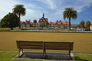 Bath House (Rotorua Museum), park bench, and bowling greens, Government Gardens, Rotorua Bath House (Rotorua Museum), park bench, and bowling greens, Government Gardens, Rotorua