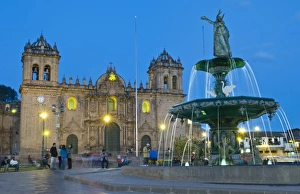 Beautiful colorful night exposure of fountain Main Square in center of Cusco Cuzco Beautiful colorful night exposure of fountain Main Square in center of Cusco Cuzco