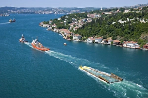 Boats towing a module of a natural gas platform through the Bosphorus, aerial, Istanbul Boats towing a module of a natural gas platform through the Bosphorus, aerial, Istanbul