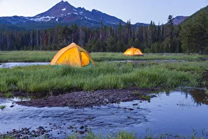 Broken Top Mountain and Camping Tent, Sparks Lake, Three Sisters Wilderness Broken Top Mountain and Camping Tent, Sparks Lake, Three Sisters Wilderness
