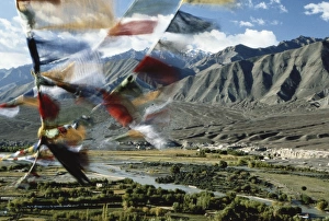 Bunting flying in sky with mountain in background Bunting flying in sky with mountain in background