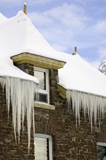 Canada, Banff, Icicles on side of Banff Springs Hotel Canada, Banff, Icicles on side of Banff Springs Hotel