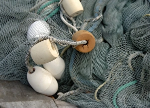 Canada, British Columbia, Salt Spring Island, Ganges. Fishing floats and fish netting Canada, British Columbia, Salt Spring Island, Ganges. Fishing floats and fish netting