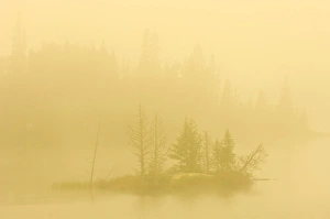 Canada, Ontario. Heavy morning fog on lake with small island Canada, Ontario. Heavy morning fog on lake with small island