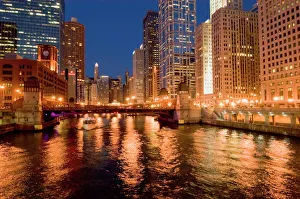 Chicago, Illinois, Skyline and Chicago River at Night Chicago, Illinois, Skyline and Chicago River at Night