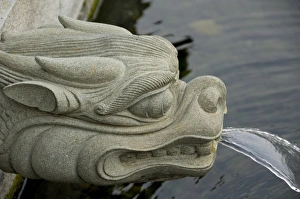 China, Hong Kong, New Territories. Chi Lin Nunnery, water garden lily pond, dragon fountain China, Hong Kong, New Territories. Chi Lin Nunnery, water garden lily pond, dragon fountain