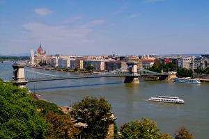 Cruise river boat taken from hill overlooking Chain Bridge Danube River and Parliament Cruise river boat taken from hill overlooking Chain Bridge Danube River and Parliament