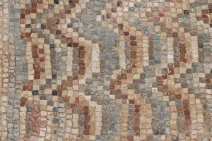 Cyprus, Roman archaeological site of Kourion. Detail of ancient mosaic floor with ornate Cyprus, Roman archaeological site of Kourion. Detail of ancient mosaic floor with ornate