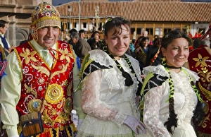 Dancers in bright beads and traditional dress in Main Square in Cusco Cuzco Peru South Dancers in bright beads and traditional dress in Main Square in Cusco Cuzco Peru South