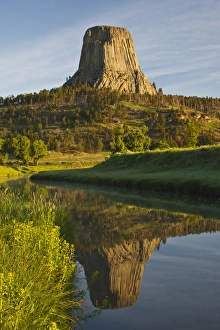 Devils Tower National Monument Prints: Devils Tower National Monument, Wyoming, reflected in Belle Fourche River at sunrise