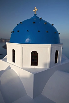 Europe, Greece, Greek Island, Santorini, Blue Domed Church at the high point of Santorini Europe, Greece, Greek Island, Santorini, Blue Domed Church at the high point of Santorini