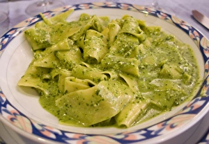 Europe, Italy, Camogli. Plate of pasta with pesto sauce Europe, Italy, Camogli. Plate of pasta with pesto sauce