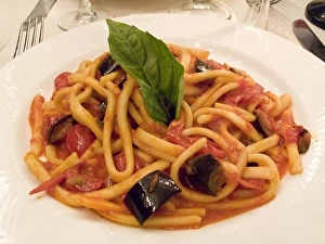 Europe, Italy, Positano. Plate of pasta and eggplant Europe, Italy, Positano. Plate of pasta and eggplant