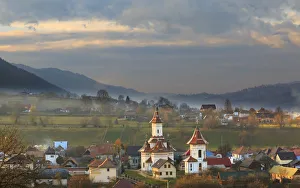 Europe, Romania, Bucovina, Campulung Moldovenesc, Fall colors. Churches in valley Europe, Romania, Bucovina, Campulung Moldovenesc, Fall colors. Churches in valley