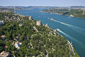 European Fortress and Fatih Sultan Mehmet Bridge over Bosphorus, aerial, Istanbul European Fortress and Fatih Sultan Mehmet Bridge over Bosphorus, aerial, Istanbul