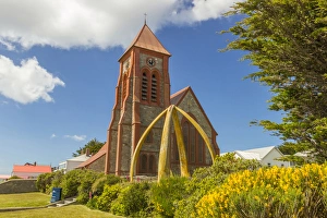 Falkland Islands, East Falkland, Stanley. Christ Church Cathedral and whalebone arch Falkland Islands, East Falkland, Stanley. Christ Church Cathedral and whalebone arch