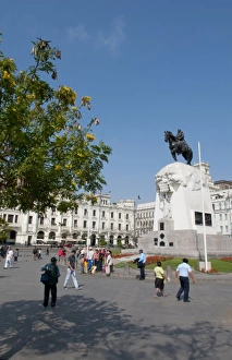 Famous San Martin Square in center of Lima Peru with flowers and families and tourists Famous San Martin Square in center of Lima Peru with flowers and families and tourists