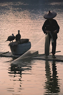 Fisherman fishing with cormorants on bamboo raft on Li River at dusk, Yangshuo, Guangxi Fisherman fishing with cormorants on bamboo raft on Li River at dusk, Yangshuo, Guangxi
