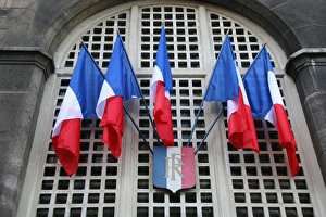 French Flag. Facade of Justice Palace. Paris, France French Flag. Facade of Justice Palace. Paris, France