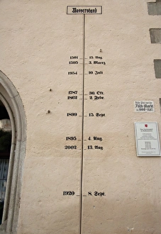 Germany, Passau. High water flood marker on the side wall of the Old Town Hall tower Germany, Passau. High water flood marker on the side wall of the Old Town Hall tower