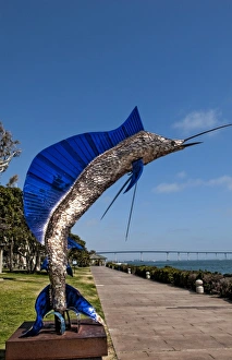 Giant marlin statue on Seaport Village pier, San Diego Bay, California Giant marlin statue on Seaport Village pier, San Diego Bay, California