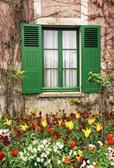 Green shutters at a window overlooking a garden in France Green shutters at a window overlooking a garden in France