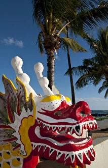 Hawaii Honolulu oolorful red Dragon Boat on beach of Wauikiki Beach Hawaii Honolulu oolorful red Dragon Boat on beach of Wauikiki Beach