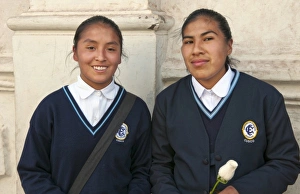High school girls aged 17 in uniform in Cusco Cuzco Peru (MR) High school girls aged 17 in uniform in Cusco Cuzco Peru (MR)
